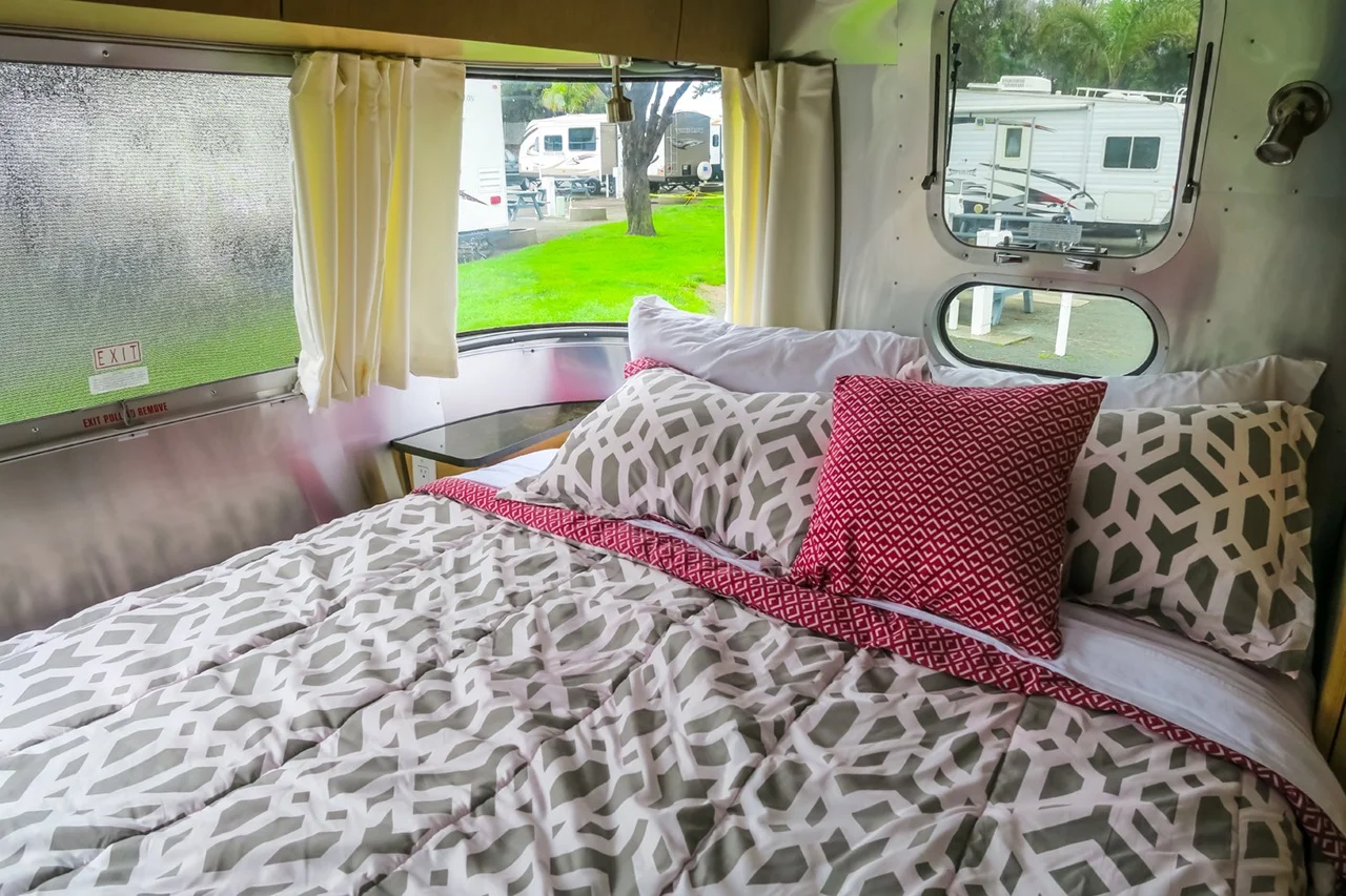 Queen-size bed in Airstream