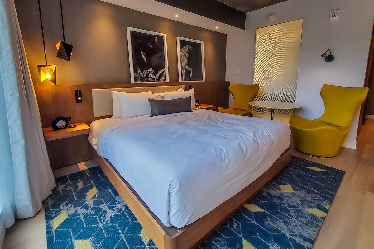 Contemporary, stylish bedroom at Hotel Humaniti Montreal